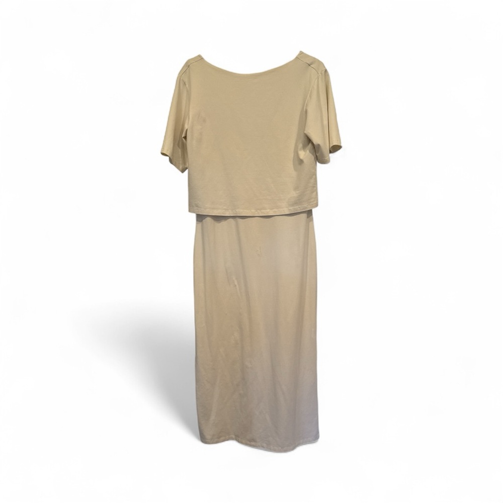 Theory Boat-Neck Layered Midi Dress Sz S Beige Cream Stretch Ponte Quiet Luxury